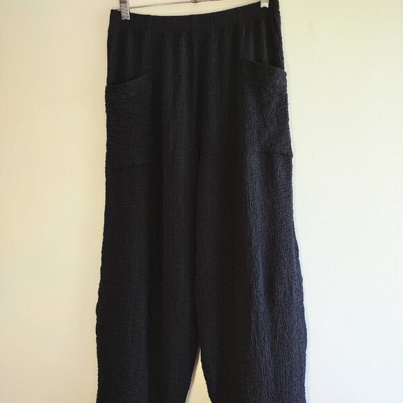Et Lois 'USA' Full Leg Crinkle Pants  Lagenlook Patch Pockets Size Medium Boho - Picture 1 of 7